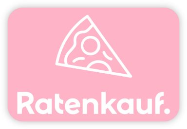 Karte mit einem Pizza-Symbol und dem Text "Ratenkauf" in Pink.