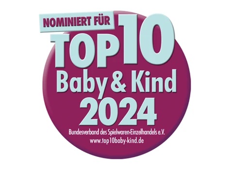 Sticker mit der Aufschrift "Top 10 Baby & Kind 2024" und dem Hinweis auf Nominierung.