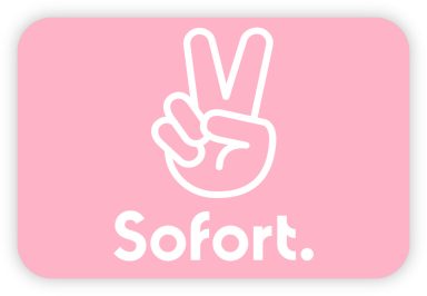 Hand mit Peace-Zeichen über dem Wort "Sofort" auf rosa Hintergrund.