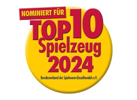 Runder Aufkleber mit der Aufschrift "Nominiert für TOP 10 Spielzeug 2024".