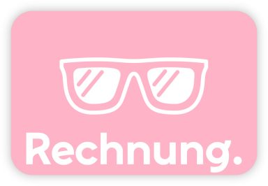 Pink Karte mit weißen Sonnenbrillen und dem Text "Rechnung."